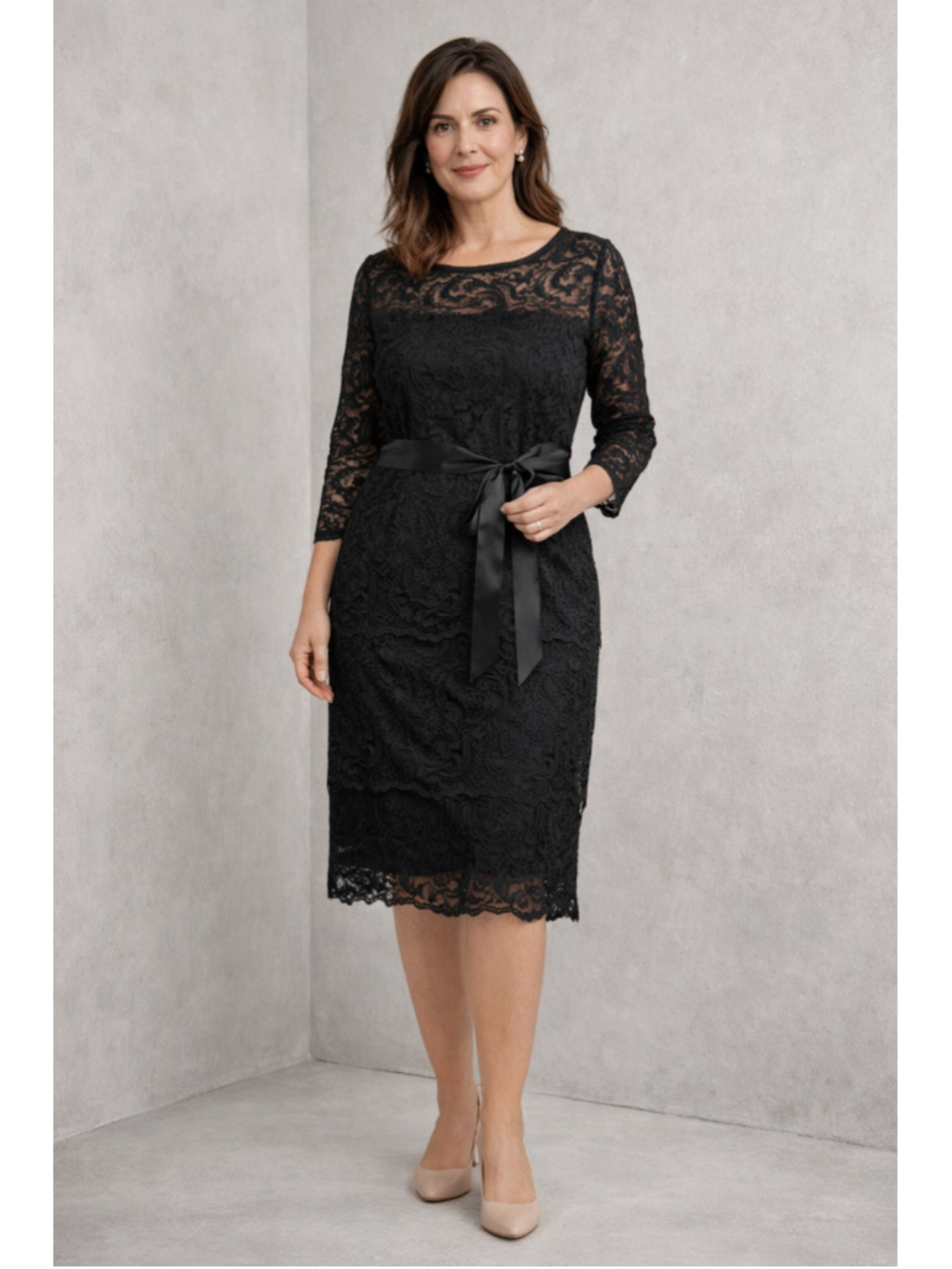 Marina 10 Black Lace Sheath Dress Tie Waist Tiered Ruffle Keyhole Back
